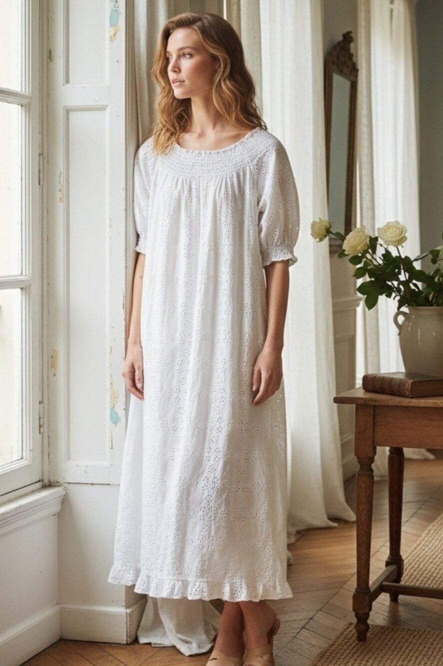 Hill House The Caroline Nap Dress S White Cotton Eyelet Smocked Puff Sleeve S